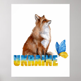 Beautiful Watercolor Ukraine Fox and Butterfly Poster
