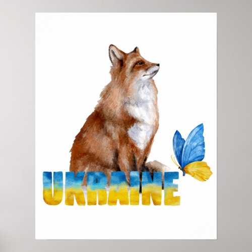 Beautiful Watercolor Ukraine Fox and Butterfly   Poster