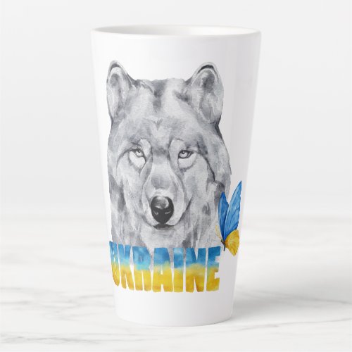 Beautiful Watercolor Ukraine Wolf and Butterfly  Latte Mug