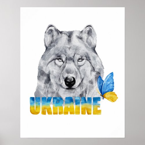 Beautiful Watercolor Ukraine Wolf and Butterfly  Poster