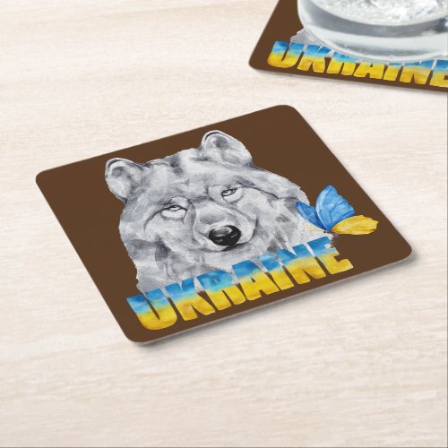 Beautiful Watercolor Ukraine Wolf and Butterfly   Square Paper Coaster