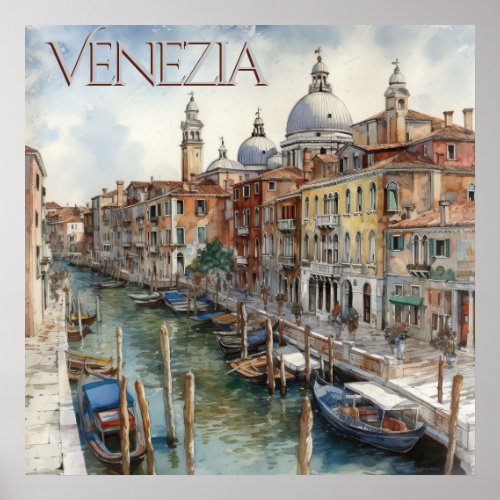 Beautiful Watercolor Venice Canal Travel Poster