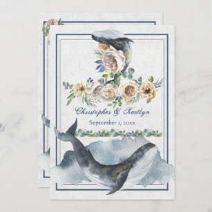 Beautiful Watercolor Whales and Flowers Wedding Invitation