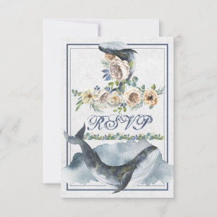 Beautiful Watercolor Whales and Flowers Wedding RSVP Card