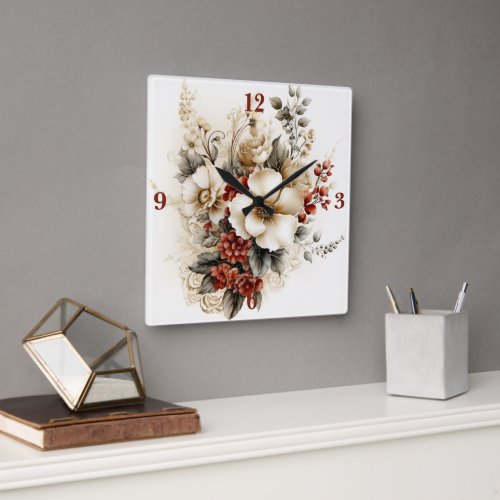 Beautiful Watercolor White Flowers  Square Wall Clock