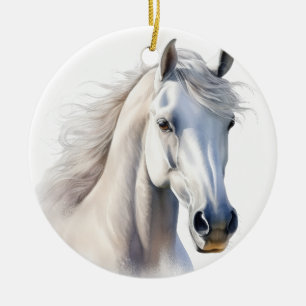 BEAUTIFUL WATERCOLOR WHITE HORSES FACE CERAMIC ORNAMENT
