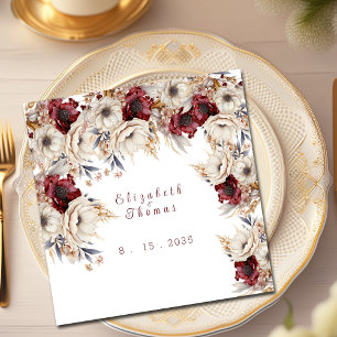 Beautiful Watercolor White Roses Burgundy Poppies Napkins