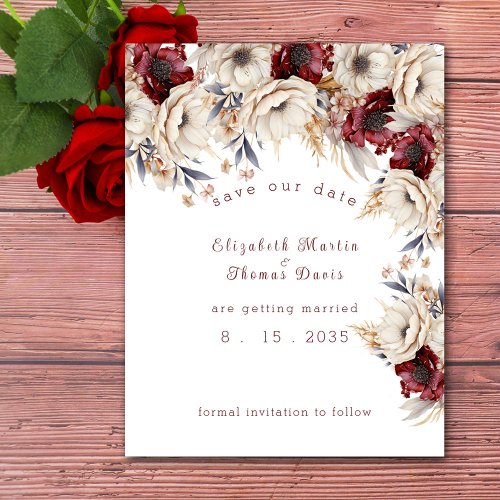 Beautiful Watercolor White Roses  Burgundy Poppies Save The Date