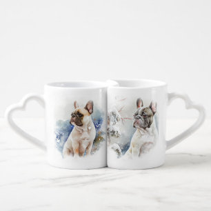 BEAUTIFUL WATERCOLOR WINTER FRENCH BULLDOG COFFEE MUG SET