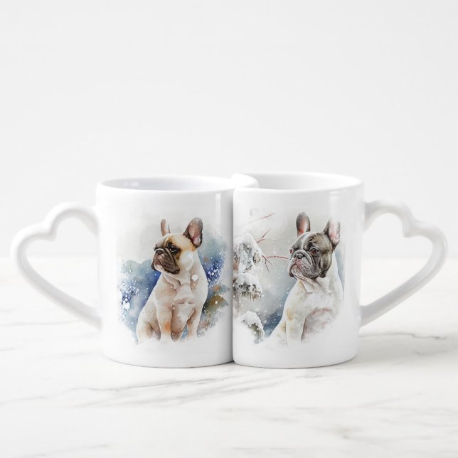 BEAUTIFUL WATERCOLOR WINTER FRENCH BULLDOG  COFFEE MUG SET (Front Nesting)