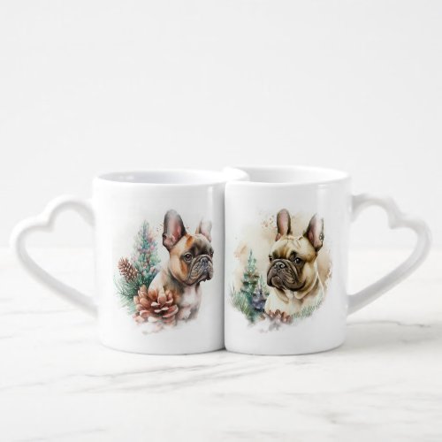 BEAUTIFUL WATERCOLOR WINTER FRENCH BULLDOG FACE COFFEE MUG SET