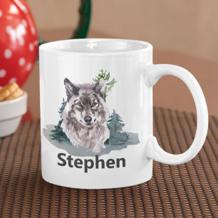 Beautiful Watercolor Wolf Personalized Name Coffee Mug
