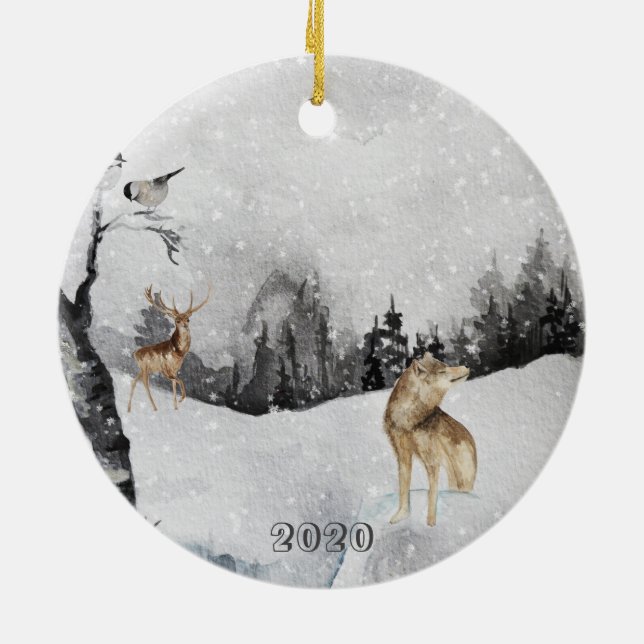 Beautiful Watercolor Wolf Snow Deer Landscape Ceramic Ornament (Back)