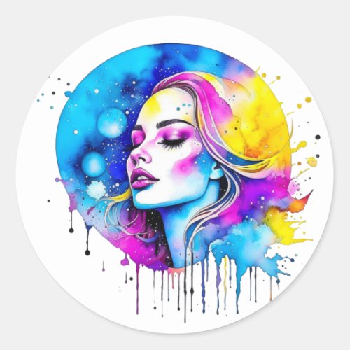 Beautiful Watercolor Woman Abstract Classic Round Sticker