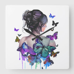 BEAUTIFUL WATERCOLOR WOMAN WITH BUTTERFLIES SQUARE WALL CLOCK