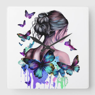 BEAUTIFUL WATERCOLOR WOMAN WITH BUTTERFLIES SQUARE WALL CLOCK