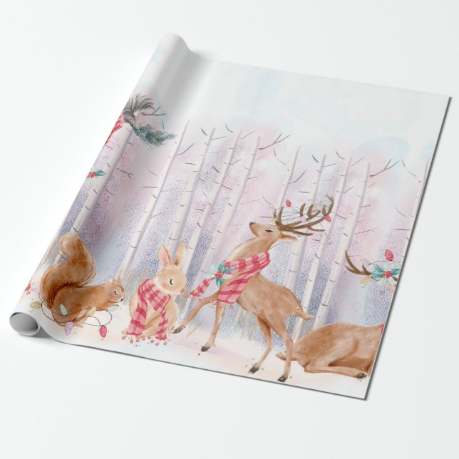 Beautiful Watercolor Woodland/Animals Pattern Wrapping Paper (Unrolled)