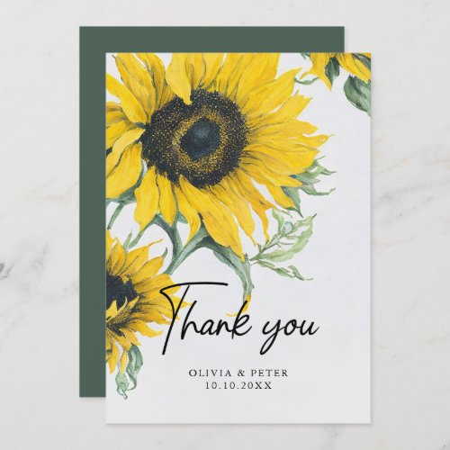 Beautiful Watercolor Yellow Sunflower Wedding  Thank You Card