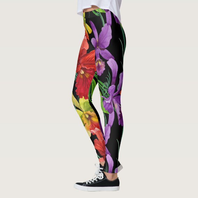 Beautiful Watercolour Orchid Flowers on Black Leggings (Left)