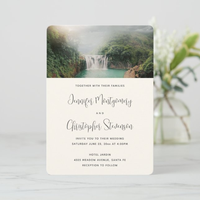 Beautiful Waterfall by a Lush Green Forest Wedding Invitation (Standing Front)