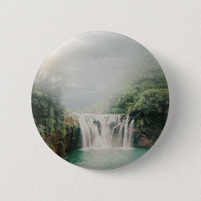 Beautiful Waterfall in a Lush Green Forest Button (Front)