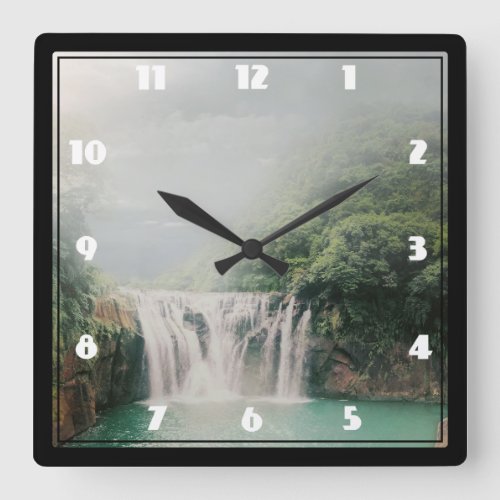 Beautiful Waterfall in a Lush Green Forest Square Wall Clock