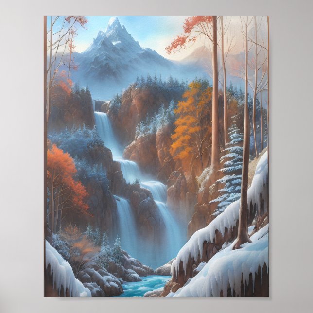 Beautiful Waterfall in a Snowy Forest Poster (Front)