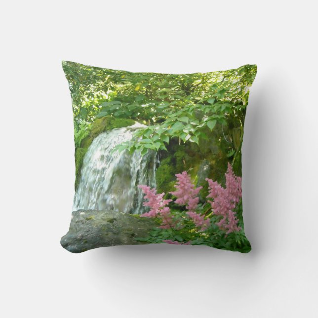 Beautiful Waterfall Scene with Pink Astilbe Throw Pillow (Front)