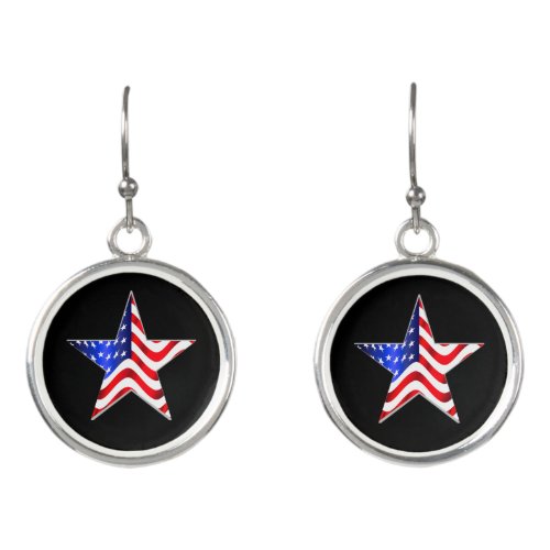Beautiful Waving America Flag Star on Black Earrings