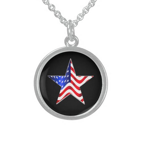 Beautiful Waving America Flag Star on Black Sterling Silver Necklace