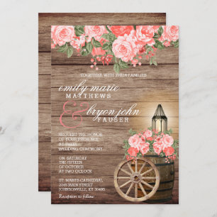 Beautiful Weathered Wood Barrel and Coral Flowers Invitation