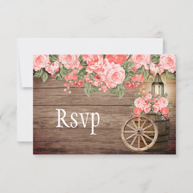 Beautiful Weathered Wood Barrel and Coral   - RSVP Card (Front)