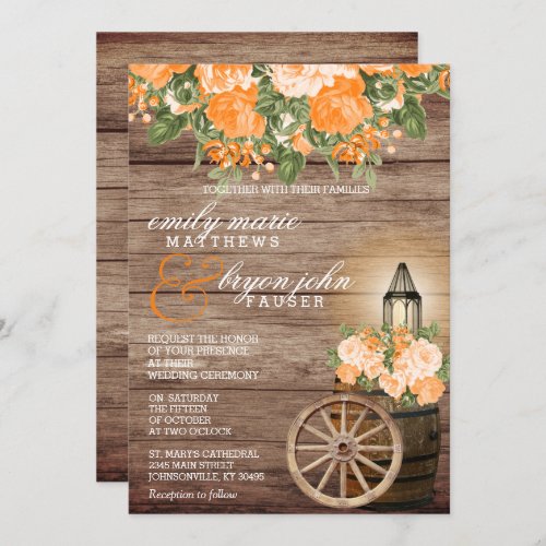 Beautiful Weathered Wood Barrel and Orange Flowers Invitation