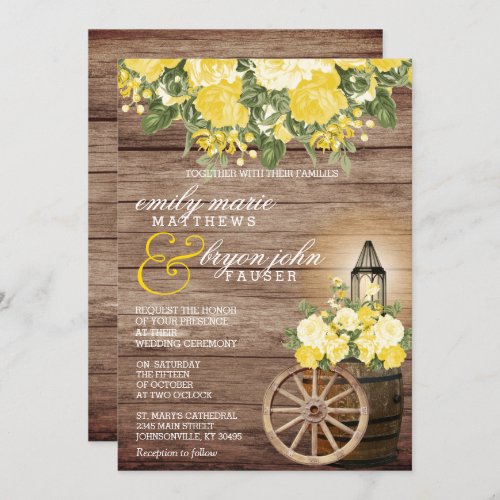 Beautiful Weathered Wood Barrel and Yellow Flowers Invitation