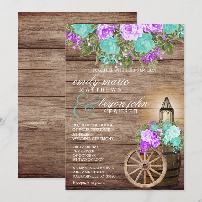 Beautiful Weathered Wood with Teal & Purple Floral Invitation (Front/Back)