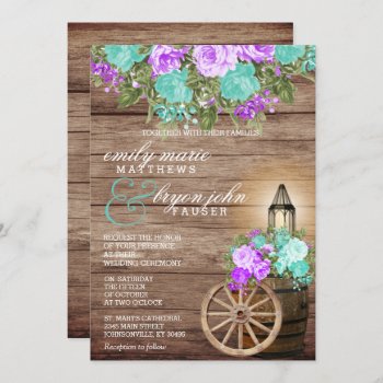 Beautiful Weathered Wood with Teal & Purple Floral Invitation