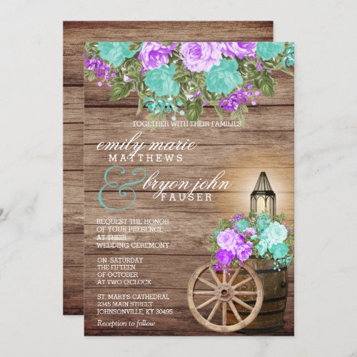 Beautiful Weathered Wood with Teal  Purple Floral Invitation