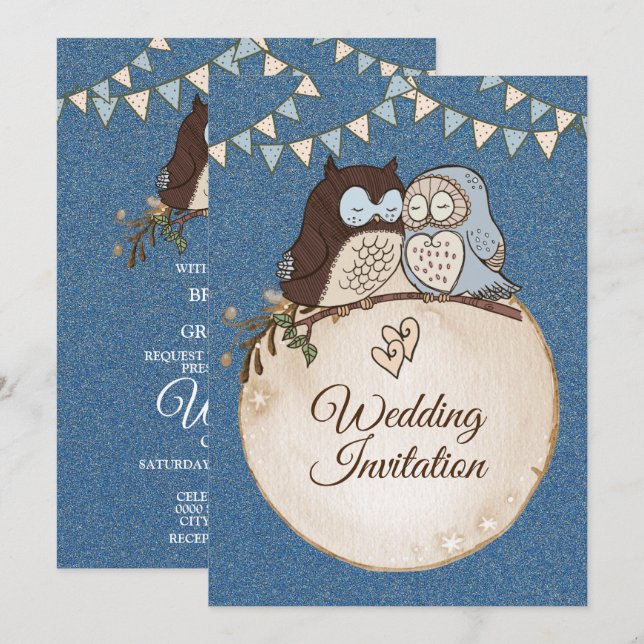 Beautiful Wedding Blue Brown Owl Glitter Invitation (Front/Back)