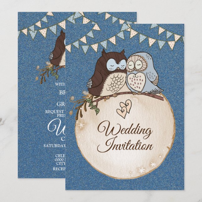Beautiful Wedding Blue Brown Owl Glitter Invitation (Front/Back)
