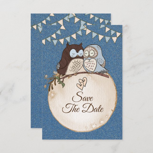 Beautiful Wedding Blue Brown Owl Glitter Save The  Save The Date (Front/Back)