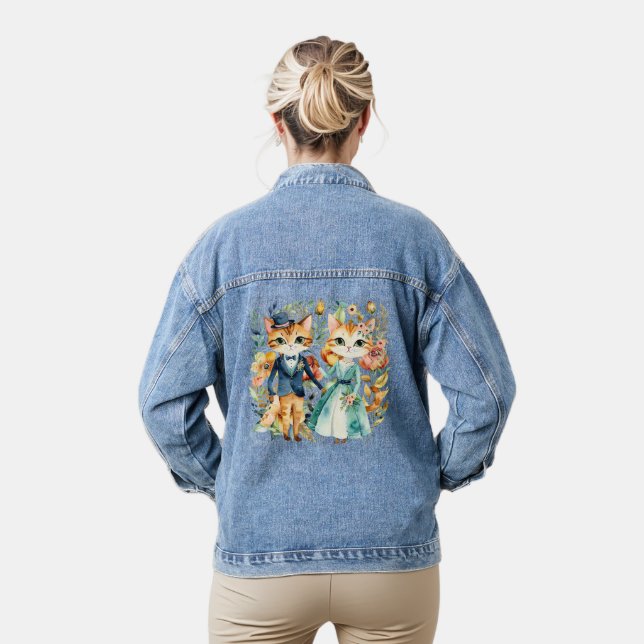 beautiful wedding couple cats watercolor denim jacket (Model)