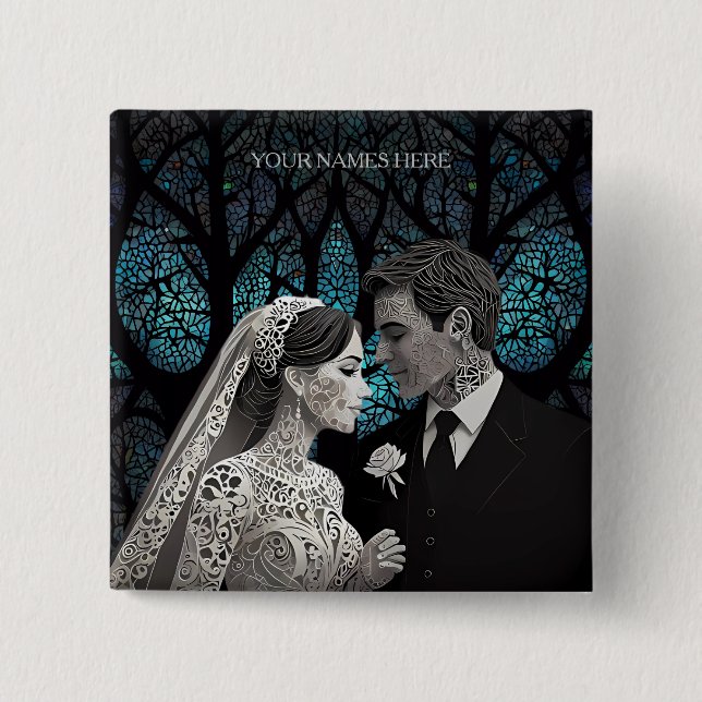 Beautiful wedding couple on a blue Tree of Life Button (Front)