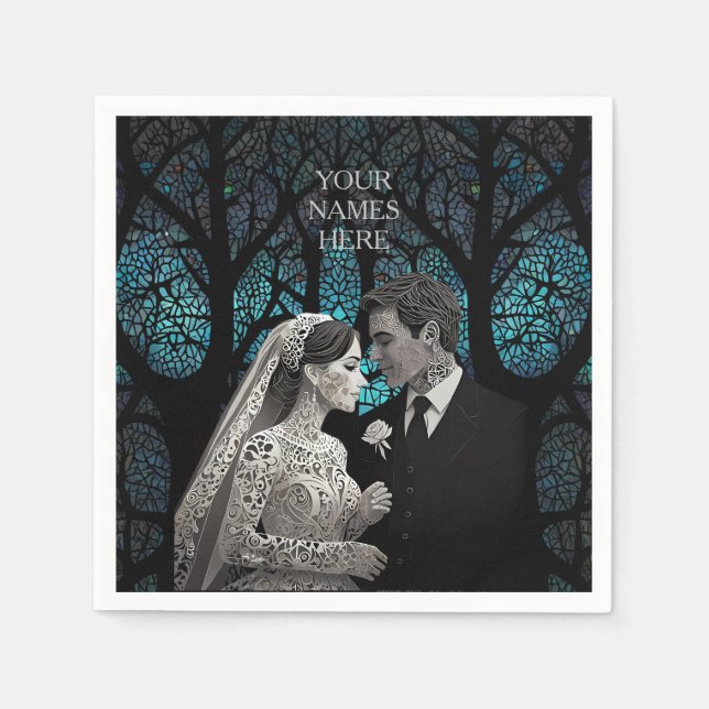 Beautiful wedding couple on a blue Tree of Life Napkins (Front)