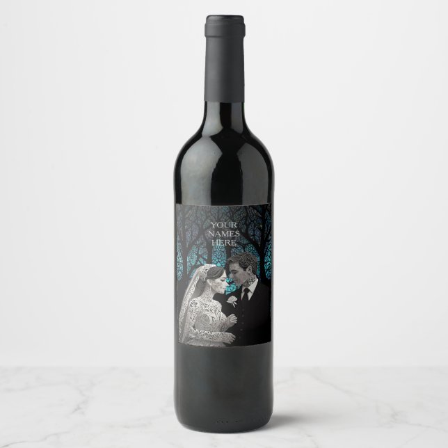 Beautiful wedding couple on a blue Tree of Life Wine Label (Front)