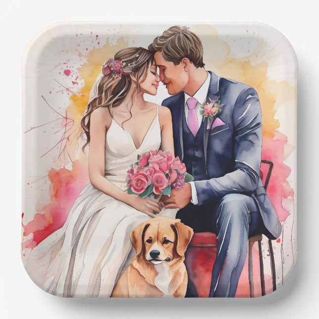 Beautiful Wedding Couple Watercolour Paper Plates (Front)