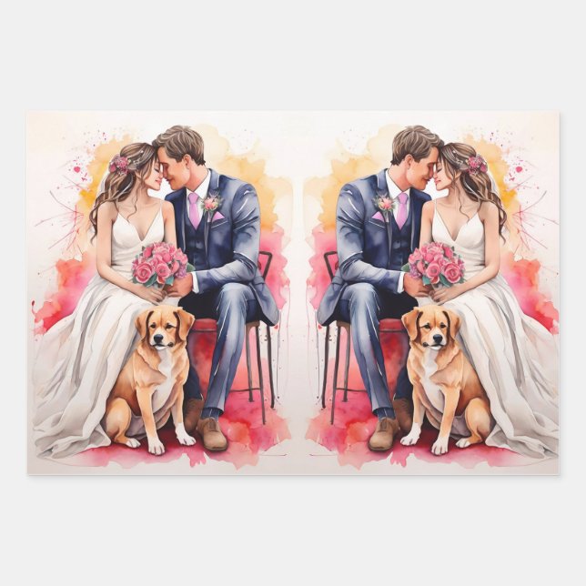 Beautiful Wedding Couple Watercolour Wrapping Paper Sheets (Front)