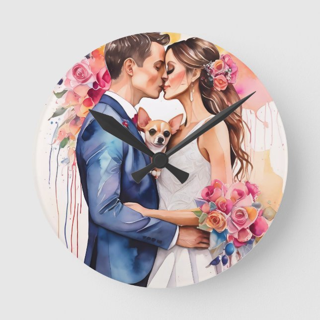 Beautiful Wedding Couple with Cute Funny  Round Clock (Front)