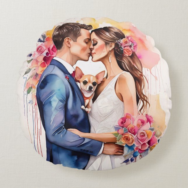 Beautiful Wedding Couple with Cute Funny  Round Pillow (Front)