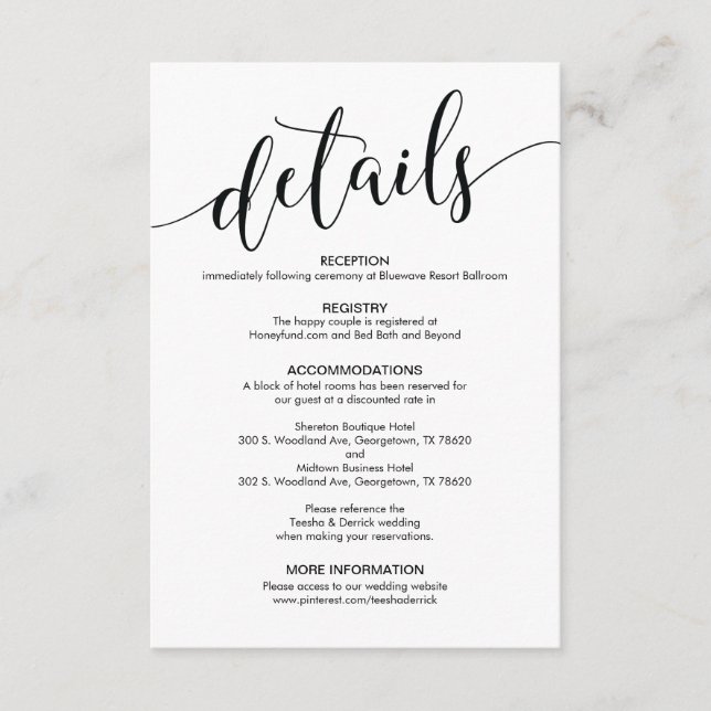 Beautiful Wedding Details Enclosure Card (Front)