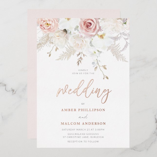 Beautiful Wedding Flowers Real Rose Gold  Foil Invitation (Front/Back)